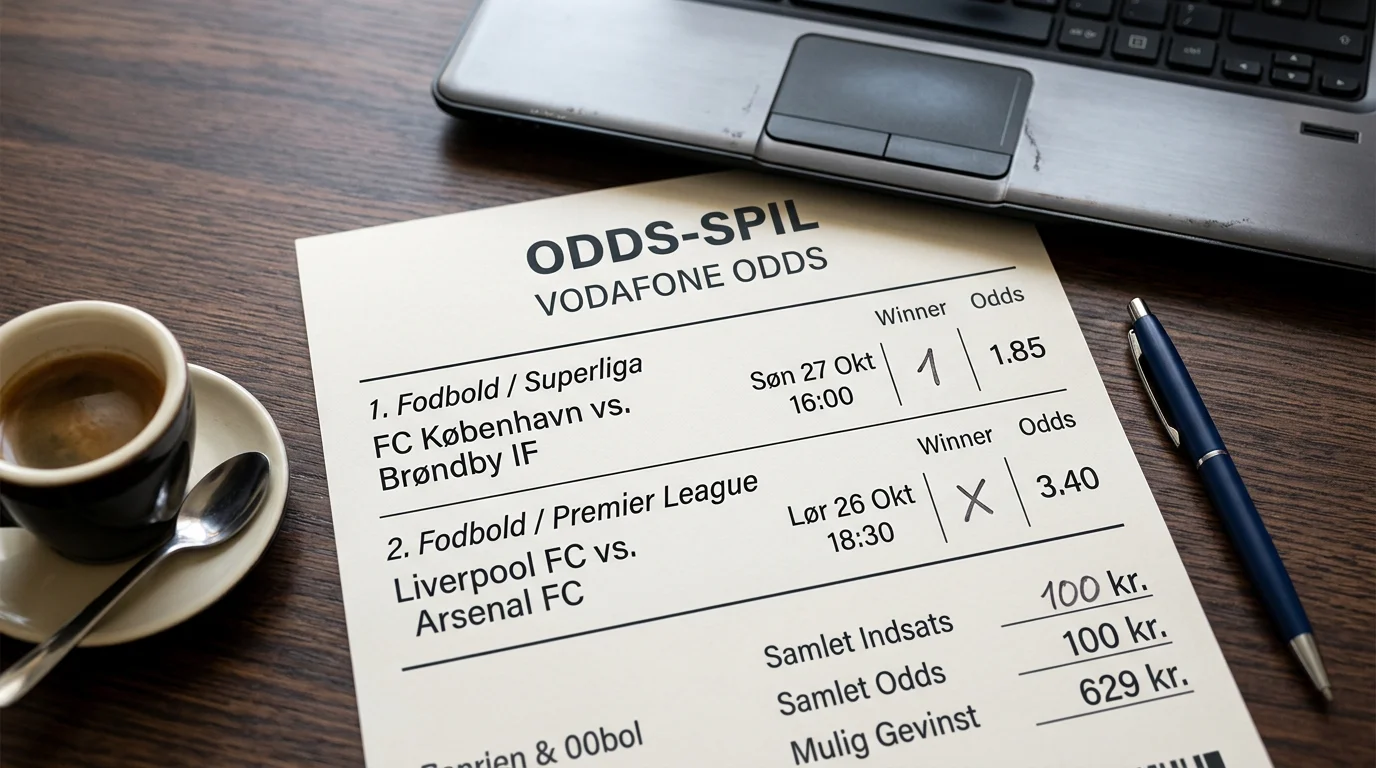 Pare bet kupon med to fodboldkampe og samlede odds beregning